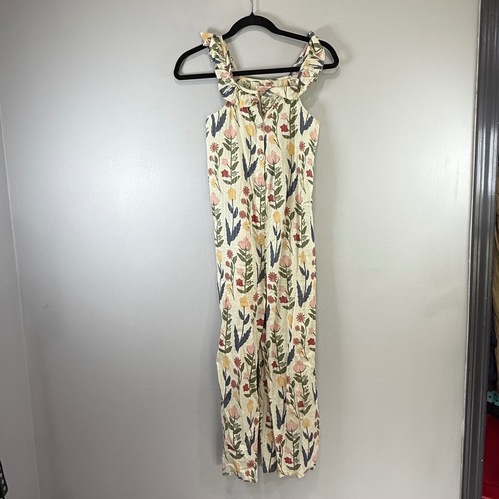 Pink Chicken NY Girls Floral Ruffle Jumpsuit Metallic Gold Stripe Cream 12Y